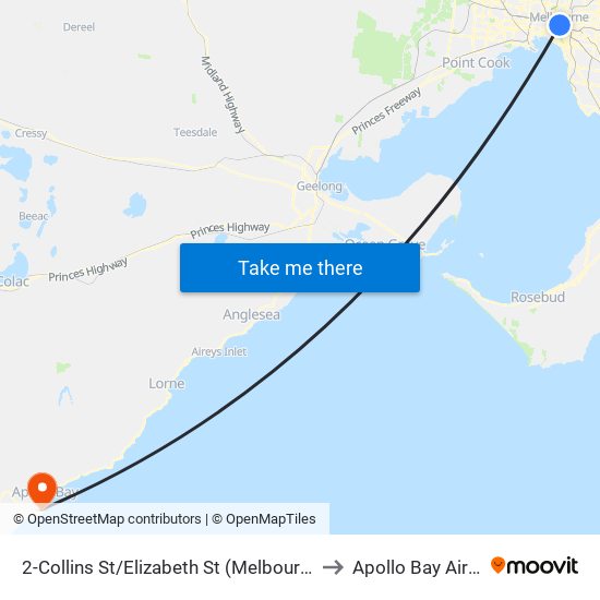 2-Collins St/Elizabeth St (Melbourne City) to Apollo Bay Airfield map