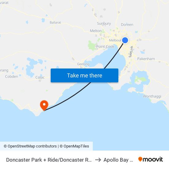 Doncaster Park + Ride/Doncaster Rd (Doncaster) to Apollo Bay Airfield map