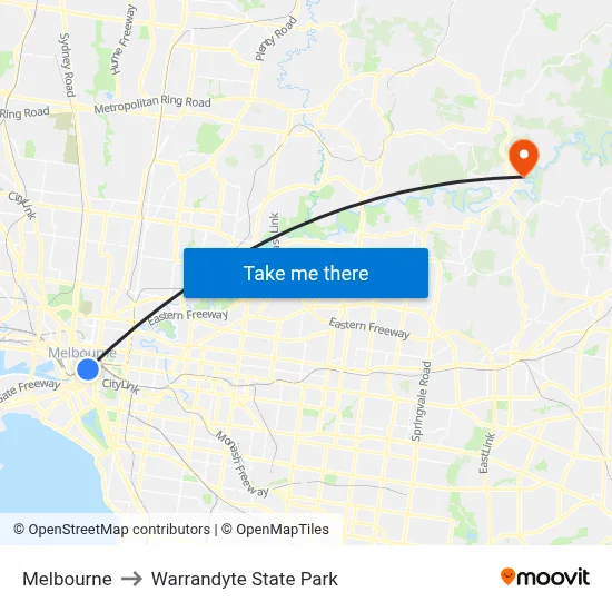 Melbourne to Warrandyte State Park map