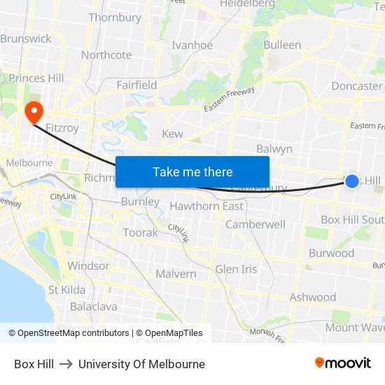 Box Hill to University Of Melbourne map