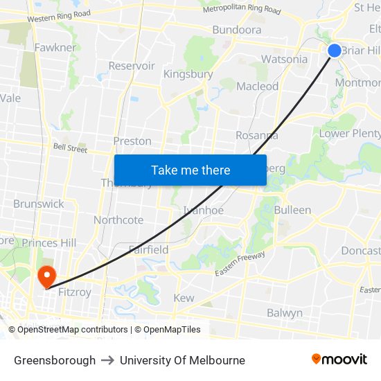 Greensborough to University Of Melbourne map