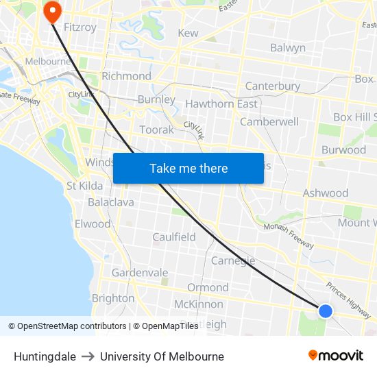 Huntingdale to University Of Melbourne map