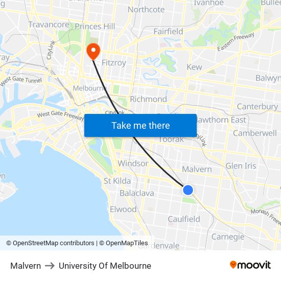 Malvern to University Of Melbourne map