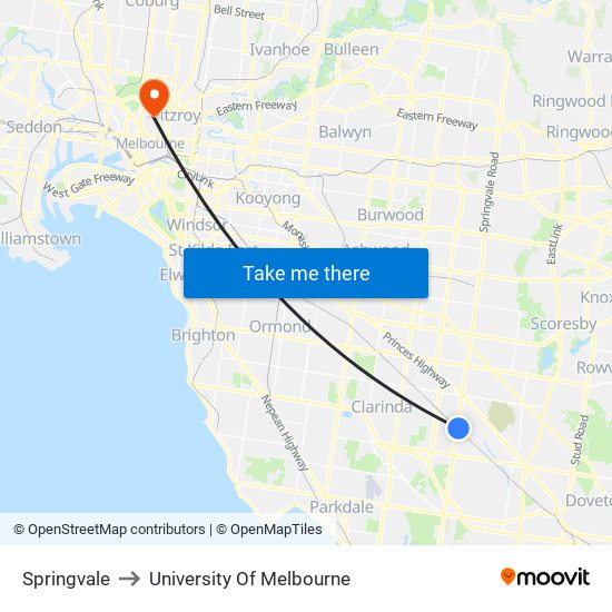 Springvale to University Of Melbourne map