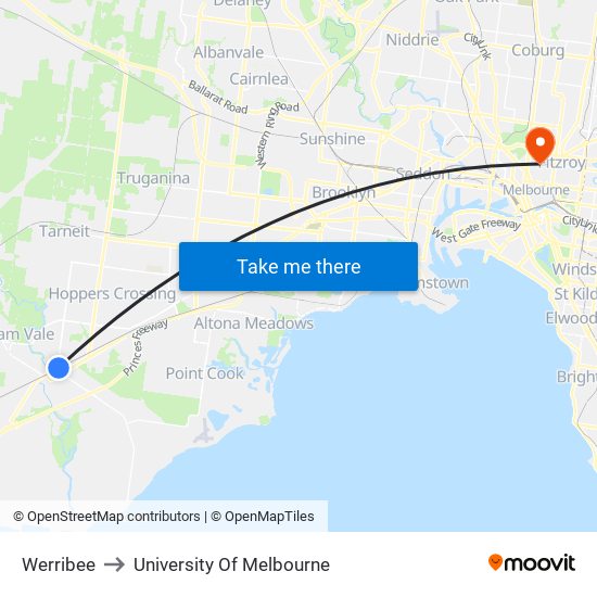 Werribee to University Of Melbourne map