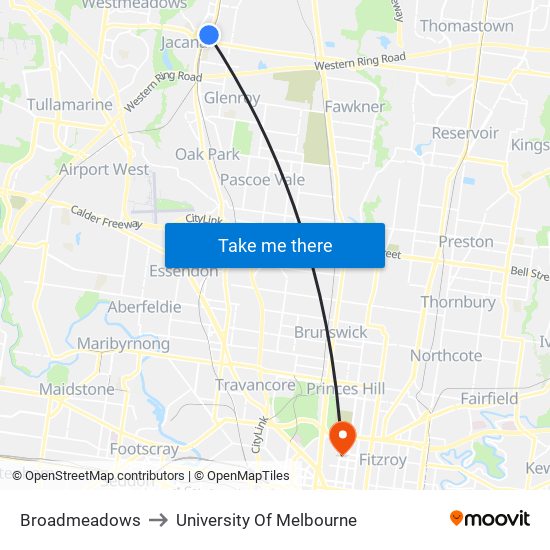 Broadmeadows to University Of Melbourne map