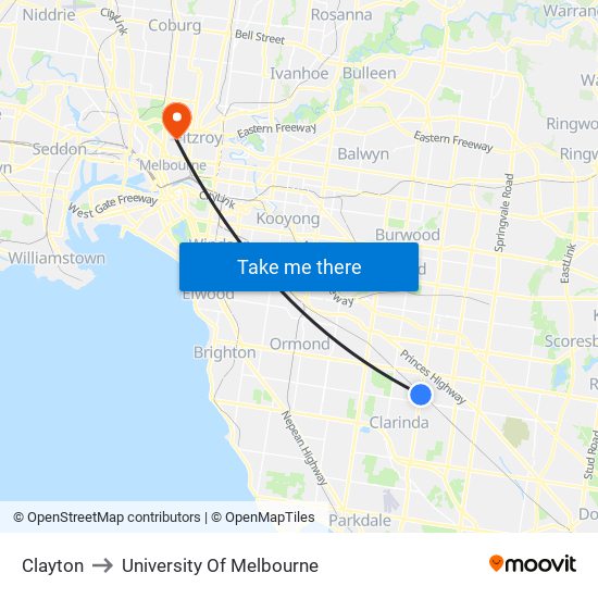 Clayton to University Of Melbourne map