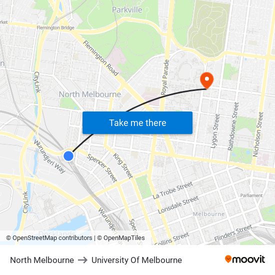 North Melbourne to University Of Melbourne map