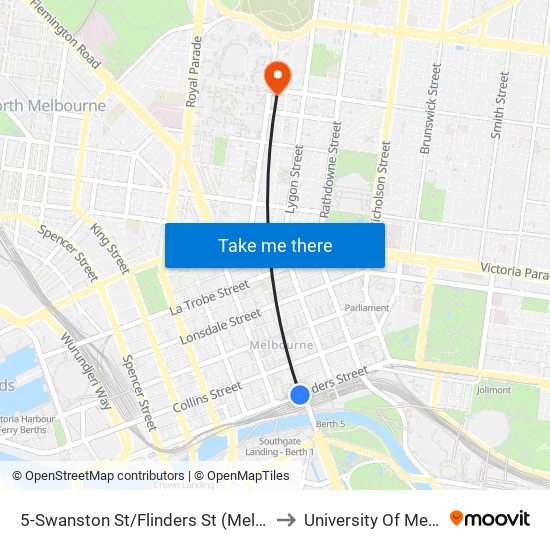 5-Swanston St/Flinders St (Melbourne City) to University Of Melbourne map