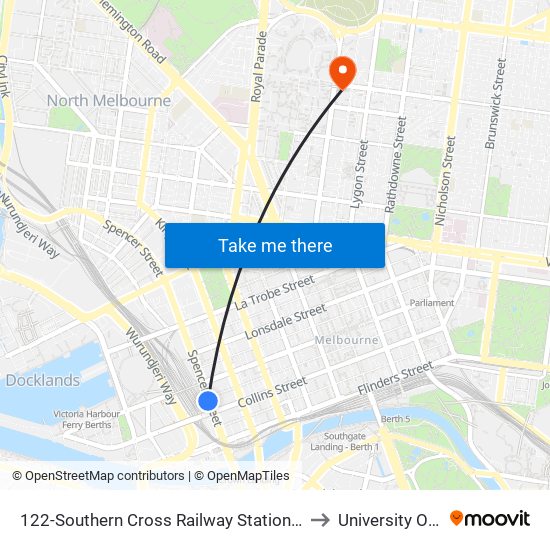 122-Southern Cross Railway Station/Spencer St (Melbourne City) to University Of Melbourne map