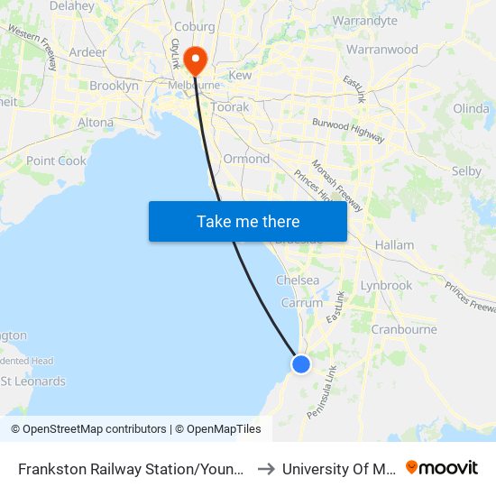 Frankston Railway Station/Young St (Frankston) to University Of Melbourne map