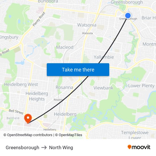 Greensborough to North Wing map