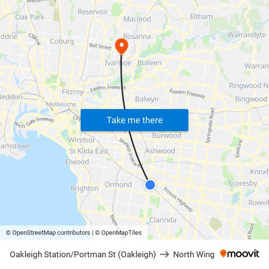 Oakleigh Station/Portman St (Oakleigh) to North Wing map