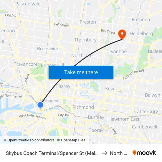 Skybus Coach Terminal/Spencer St (Melbourne City) to North Wing map