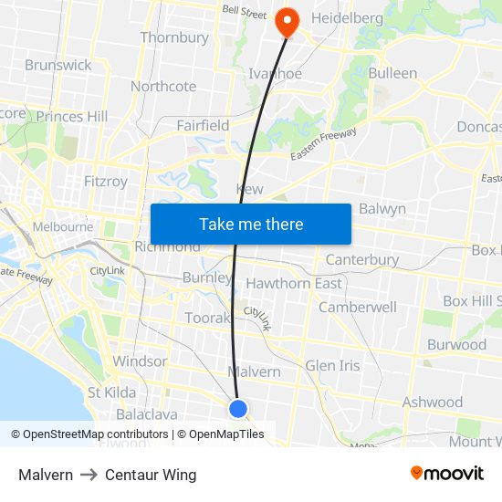 Malvern to Centaur Wing map