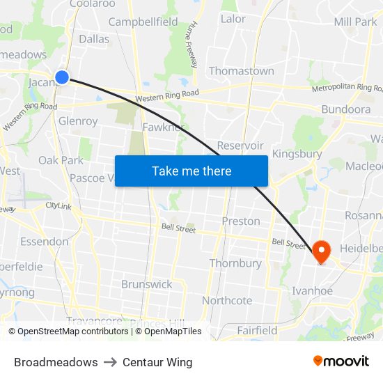 Broadmeadows to Centaur Wing map