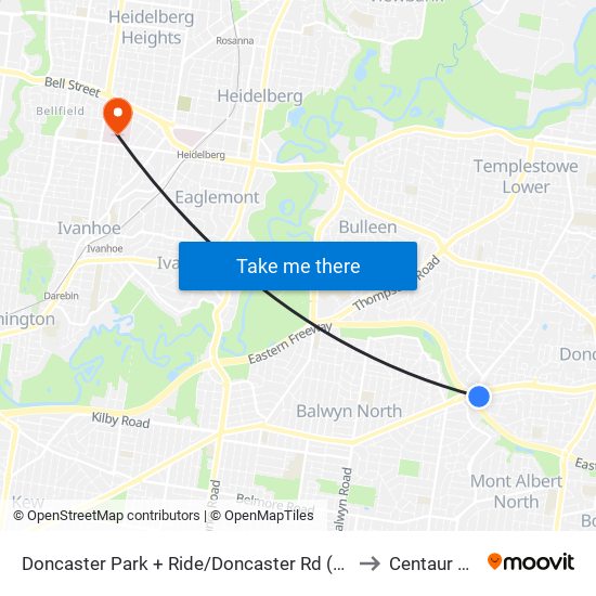 Doncaster Park + Ride/Doncaster Rd (Doncaster) to Centaur Wing map