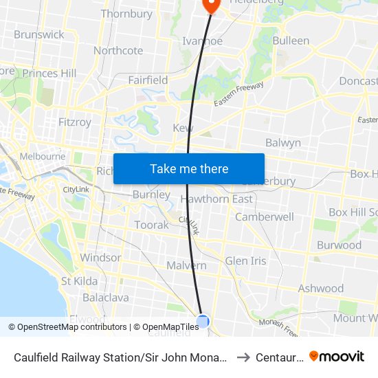 Caulfield Railway Station/Sir John Monash Dr (Caulfield East) to Centaur Wing map