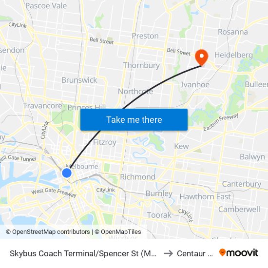 Skybus Coach Terminal/Spencer St (Melbourne City) to Centaur Wing map