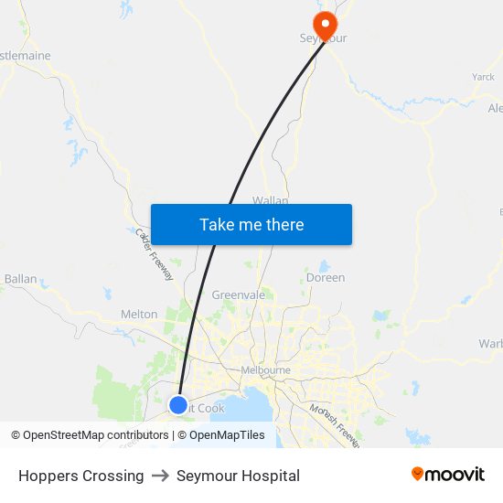 Hoppers Crossing to Seymour Hospital map