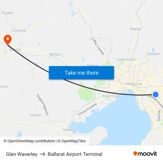 Glen Waverley to Ballarat Airport Terminal map