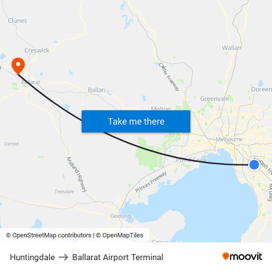 Huntingdale to Ballarat Airport Terminal map