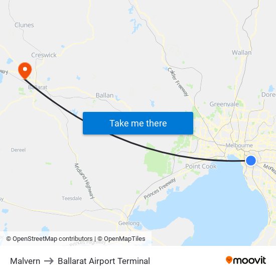 Malvern to Ballarat Airport Terminal map