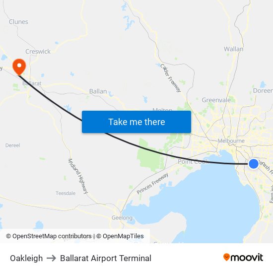 Oakleigh to Ballarat Airport Terminal map