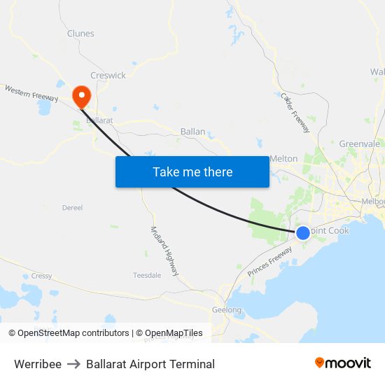 Werribee to Ballarat Airport Terminal map
