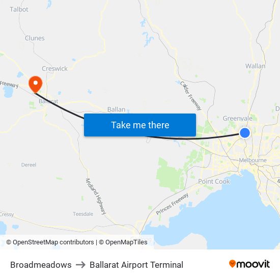 Broadmeadows to Ballarat Airport Terminal map