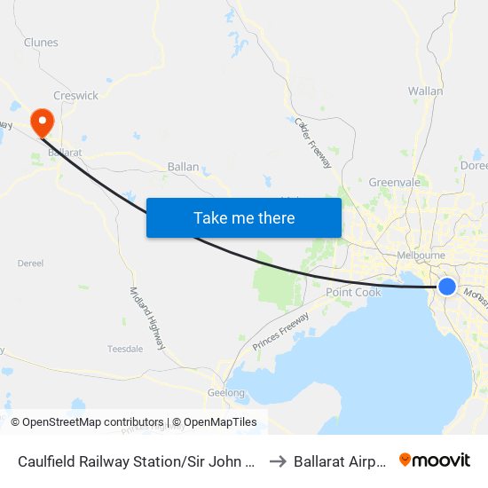 Caulfield Railway Station/Sir John Monash Dr (Caulfield East) to Ballarat Airport Terminal map