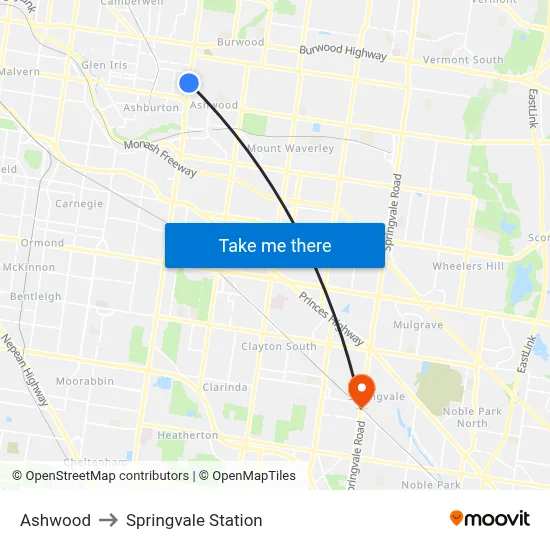Ashwood to Springvale Station map