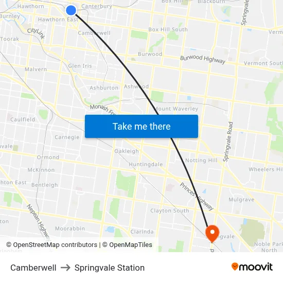 Camberwell to Springvale Station map
