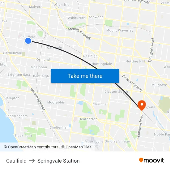 Caulfield to Springvale Station map