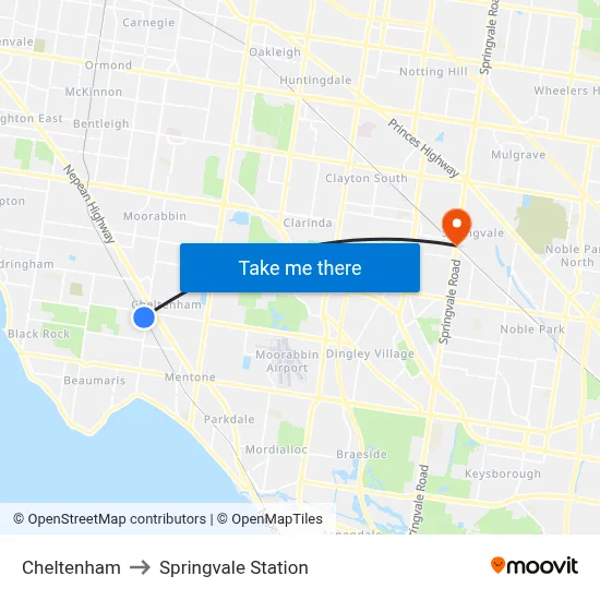 Cheltenham to Springvale Station map