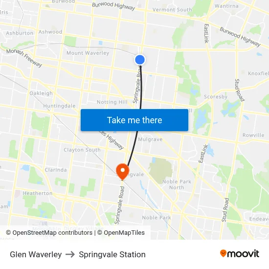Glen Waverley to Springvale Station map