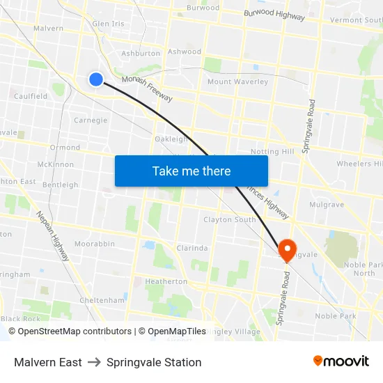 Malvern East to Springvale Station map