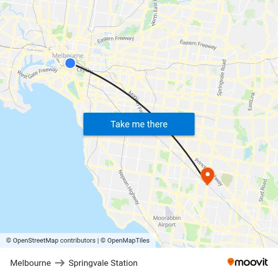 Melbourne to Springvale Station map