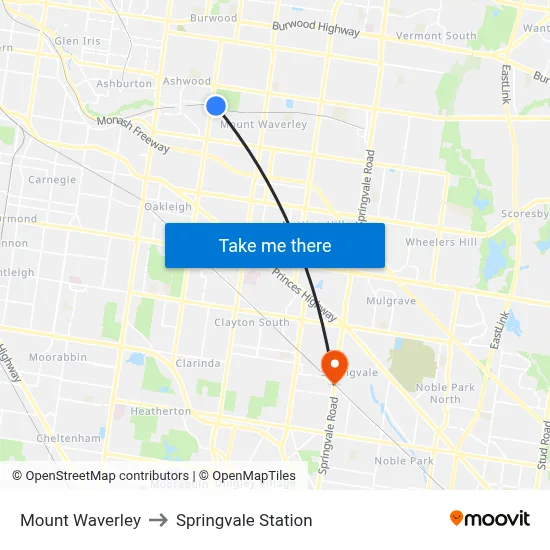 Mount Waverley to Springvale Station map