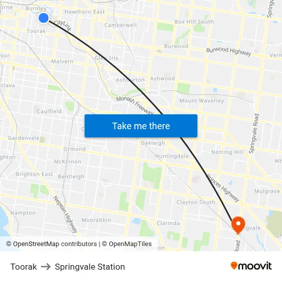 Toorak to Springvale Station map