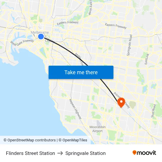 Flinders Street Station to Springvale Station map