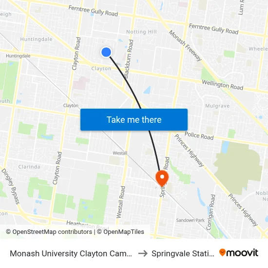 Monash University Clayton Campus to Springvale Station map