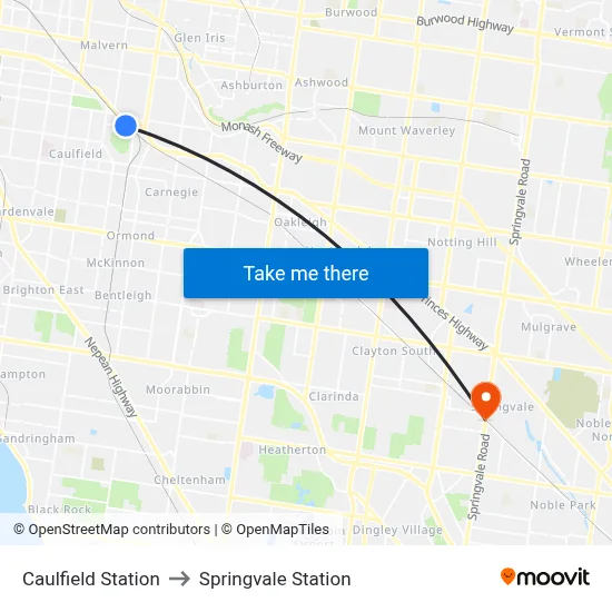 Caulfield Station to Springvale Station map