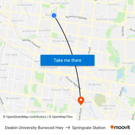 Deakin University Burwood Hwy to Springvale Station map