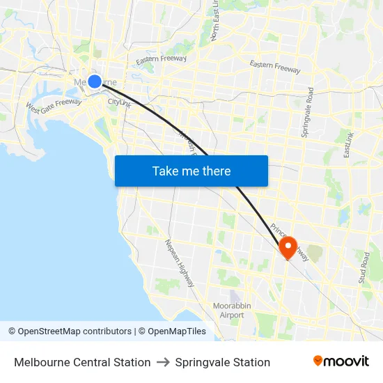Melbourne Central Station to Springvale Station map