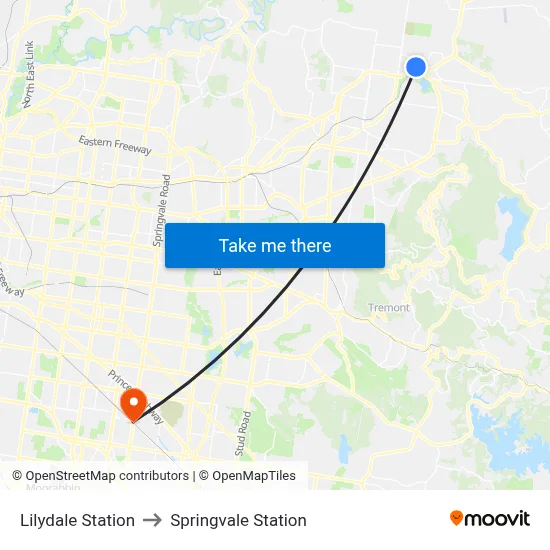 Lilydale Station to Springvale Station map