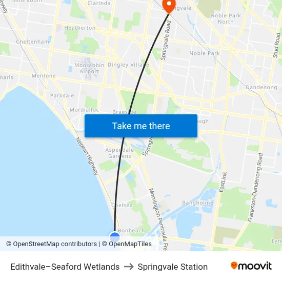 Edithvale–Seaford Wetlands to Springvale Station map