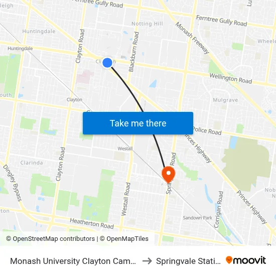 Monash University Clayton Campus to Springvale Station map