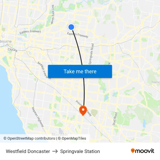 Westfield Doncaster to Springvale Station map