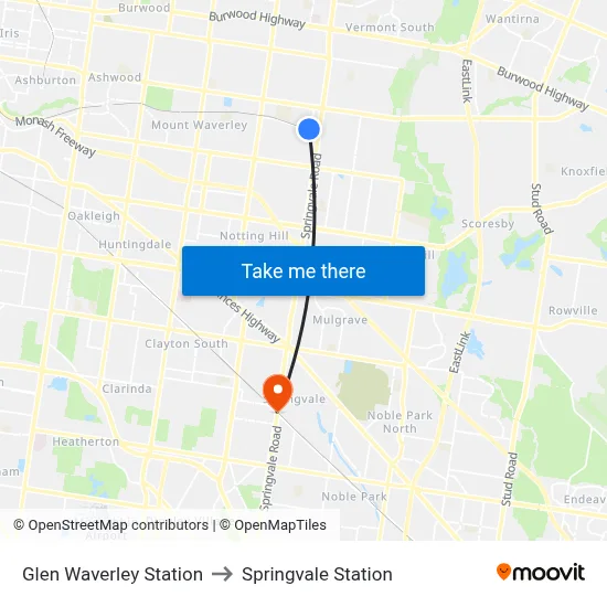 Glen Waverley Bus Interchange to Springvale Station map